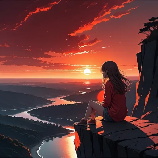 Prompt: make a picture on anime style where girl is sitting on edge on a clif watching huge sunset with red sky, the sun is big and its look from far away its a bit dark there alredy and the girl have long hair
