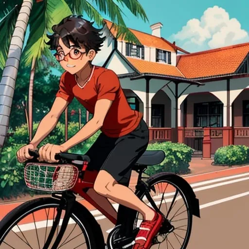 Prompt: light brown skinned black hair cute boy with black spectacles riding bicycle at a park which have coconut trees and buildings with red brick walls and red roofs 