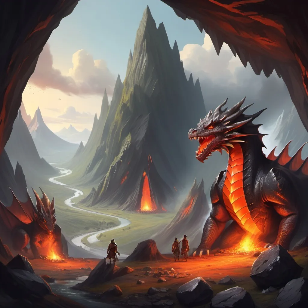 Prompt: A mountain, and a cave a den for the dragons and lava flowing nearby plus dragonkeepers and an ancient tribe 