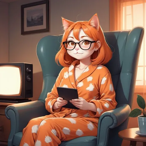 Prompt: Sleek anime illustration of a unique orange cat, naturally curved tail, owner with glasses, dimples, straight hair, woman, woman sitting in a rocking chair in pajamas, watching TV, cool tones, cozy atmosphere, detailed eyes, sleek design, professional, atmospheric lighting