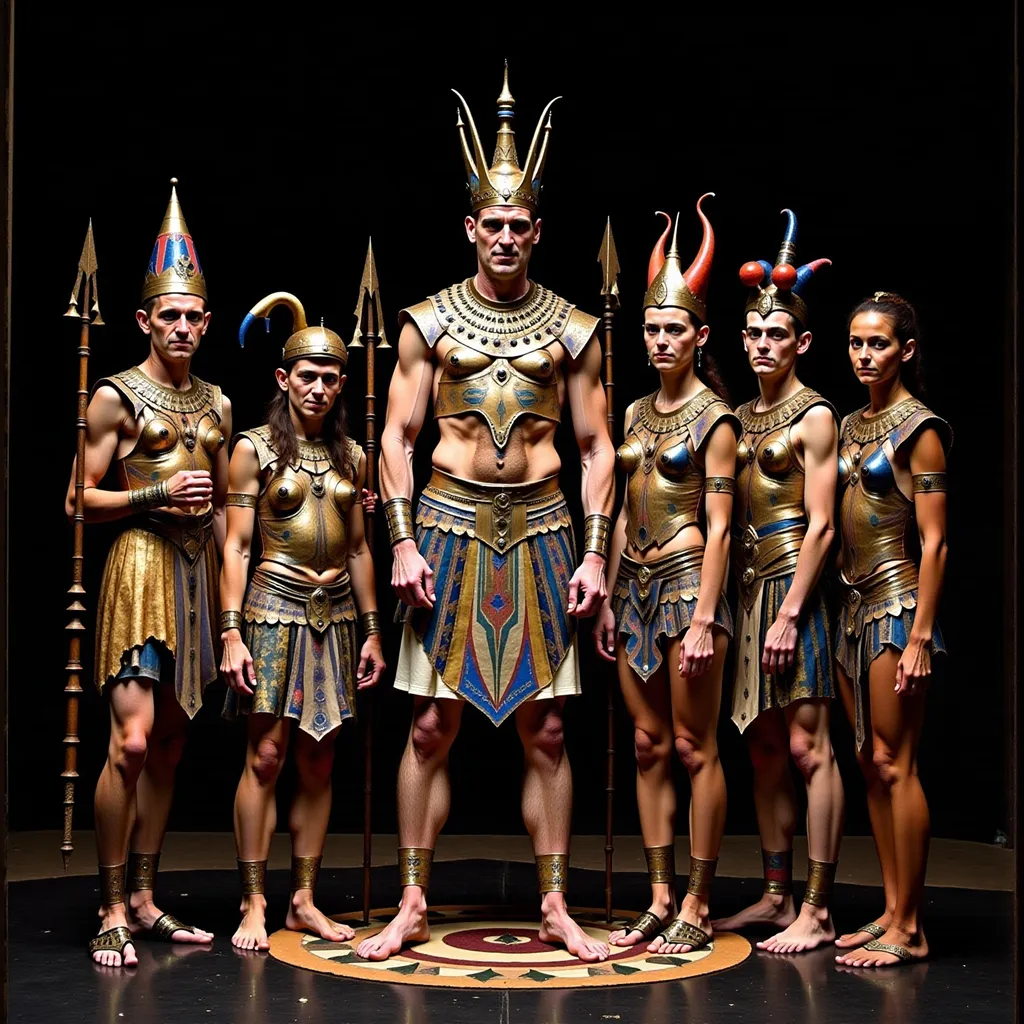 Prompt: a group of people standing on a stage together in costume and headdress, with a man in a crown, Apelles, incoherents, promotional image, egyptian art