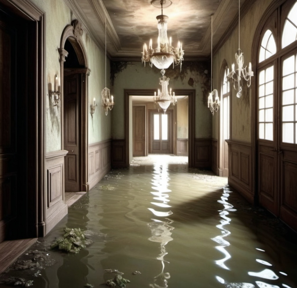 Prompt: a flooded hallway with a chandelier and a chandelier hanging from the ceiling and a chandelier hanging from the ceiling, Chris LaBrooy, environmental art, unreal render, a detailed matte painting