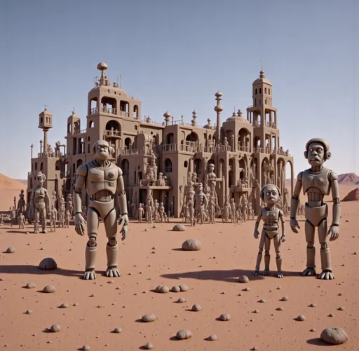 Prompt: a large structure made of people standing in front of it in the desert with rocks and sand on the ground, Chris LaBrooy, concrete art, dystopian art, a surrealist sculpture