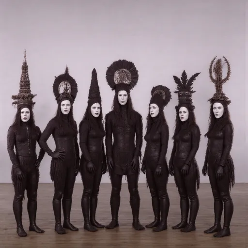Prompt: a group of people dressed in costumes standing next to each other on a stage with a black background and a black backdrop, Apelles, incoherents, promotional image, a flemish Baroque