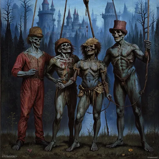 Prompt: a painting of a skeleton and skeletons in a forest with a castle in the background and a castle in the background, Beksinski, gothic art, dark fantasy art, a surrealist painting