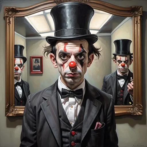 Prompt: a painting of a clown with a top hat and a suit and tie, in front of a mirror, Aaron Jasinski, fantastic realism, dark art, a fine art painting