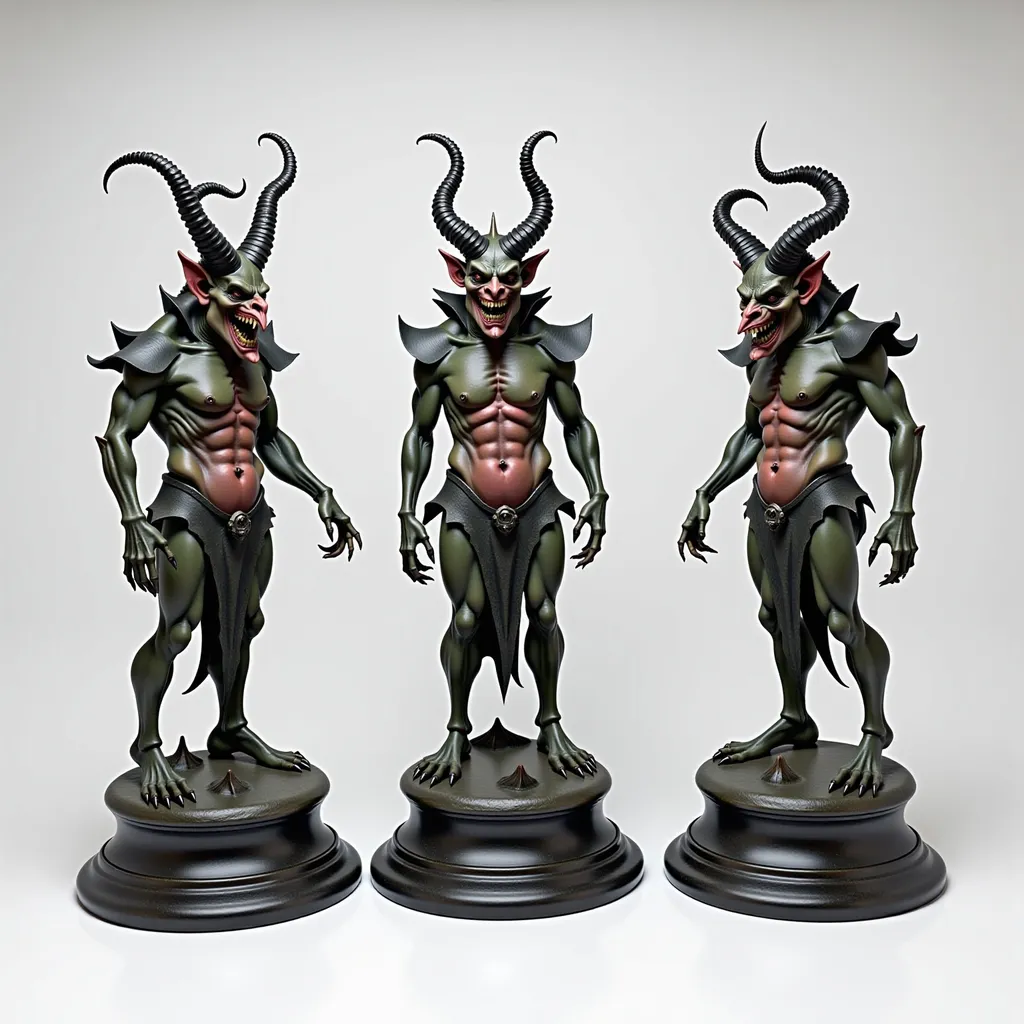 Prompt: three statues of a demon with horns and a body of flesh on their bodies, all in different poses, Ed Binkley, new sculpture, zbrush, a bronze sculpture