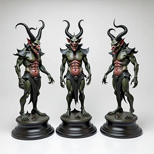 Prompt: three statues of a demon with horns and a body of flesh on their bodies, all in different poses, Ed Binkley, new sculpture, zbrush, a bronze sculpture