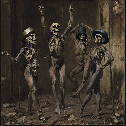 Prompt: two skeletons are standing next to a dead frog in a painting by salvador dalidoa, a mexican artist, Beksinski, nuclear art, grotesque, a painting