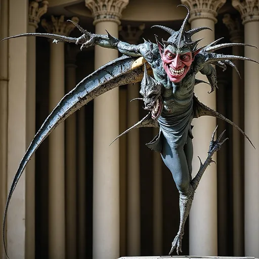 Prompt: a statue of a demon and a demon on a skateboard in a room with columns and columns,, Anne Stokes, gothic art, grotesque, a flemish Baroque