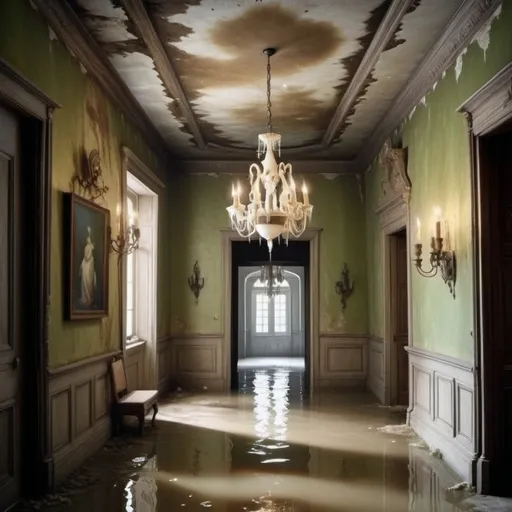 Prompt: a flooded hallway with a chandelier and a chandelier hanging from the ceiling and a chandelier hanging from the ceiling,Kodachrome photo, Chris LaBrooy, environmental art, unreal render, a detailed matte painting