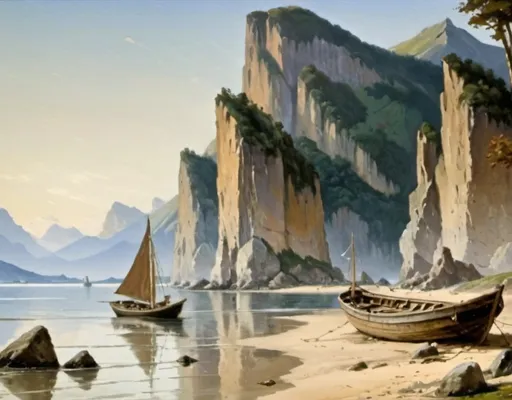 Prompt: a painting of a boat on a beach near mountains and a body of water with rocks in the foreground, Ditlev Blunck, german romanticism, matte painting, a detailed matte painting