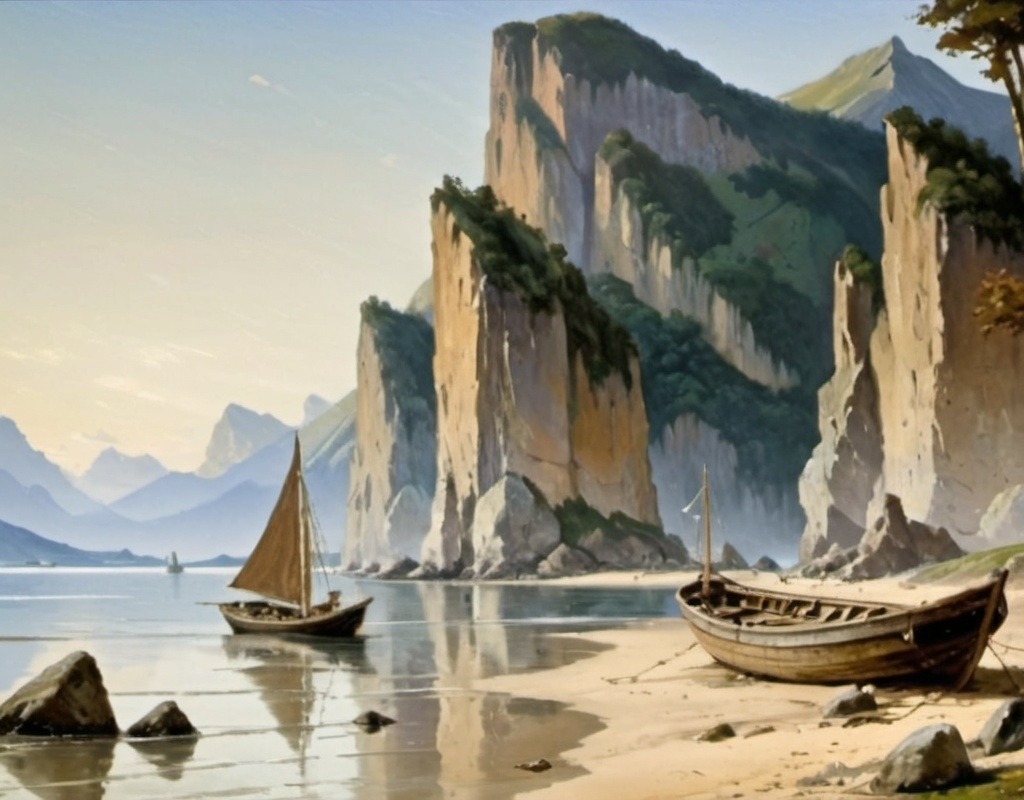 Prompt: a painting of a boat on a beach near mountains and a body of water with rocks in the foreground, Ditlev Blunck, german romanticism, matte painting, a detailed matte painting