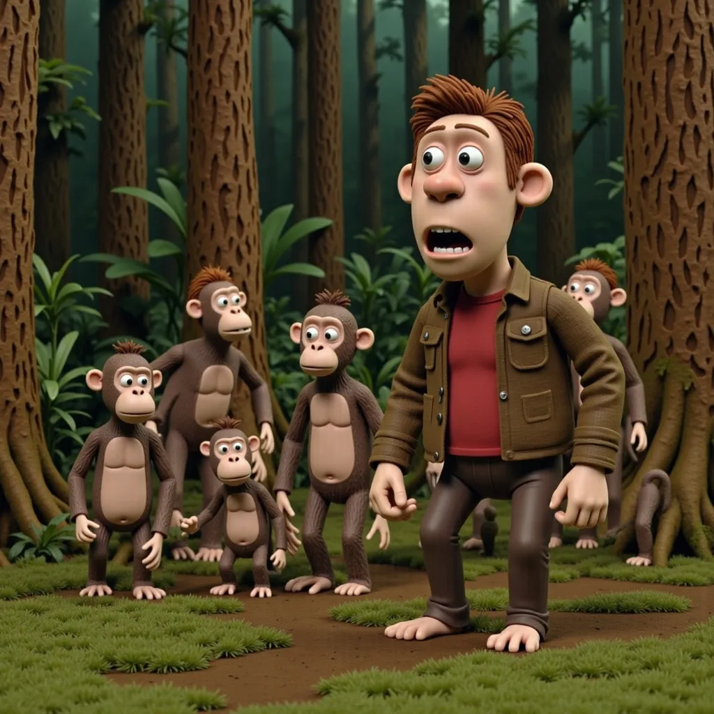 Prompt: a man standing in front of a group of monkeys in the forest with a surprised look on his face, Chris LaBrooy, context art, animated, an ambient occlusion render