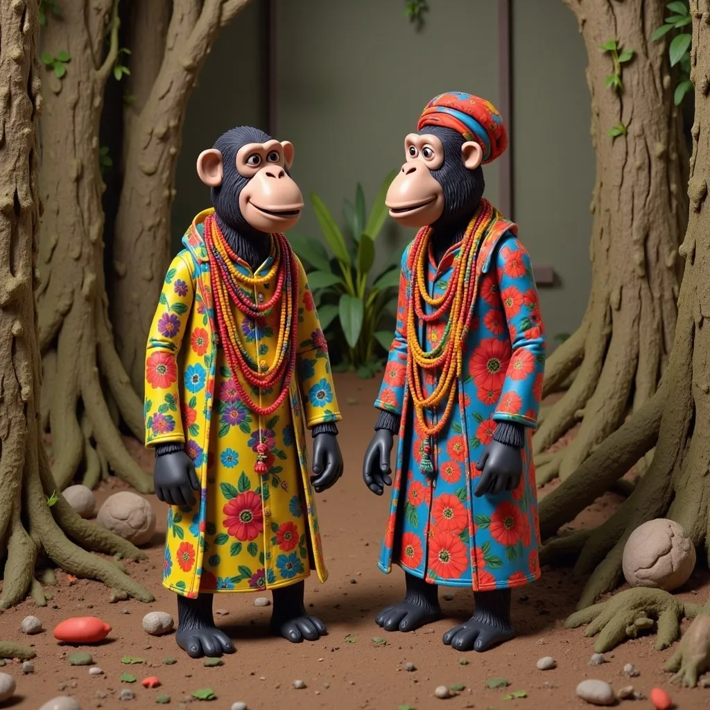 Prompt: two chimpankins dressed in colorful robes and beads standing next to each other in front of trees, Alex Petruk APe, toyism, animal photography, a jigsaw puzzle