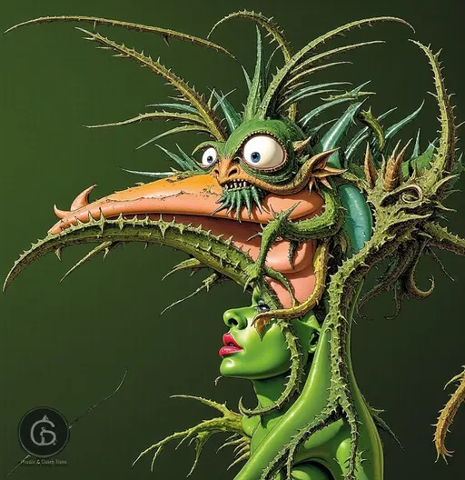 Prompt: a woman with a green mask and a green monster head on her head, with a green background and a green background, Brian and Wendy Froud, fantasy art, highly detailed digital painting, a storybook illustration