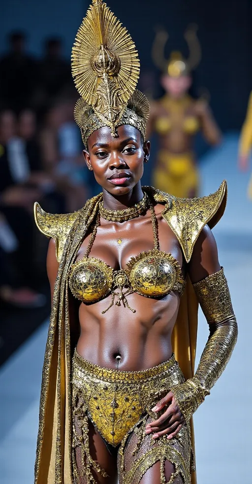 Prompt: a woman in a gold costume on a runway with a fan behind her back and a fan behind her back, Daphne Allen, afrofuturism, fantasy style, concept art