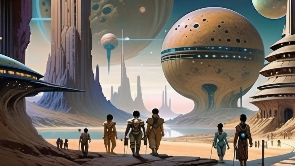 Prompt: a painting of a sci - fi city with people walking through it and a distant planet in the background, David A Hardy, retrofuturism, sci fi, a detailed matte painting