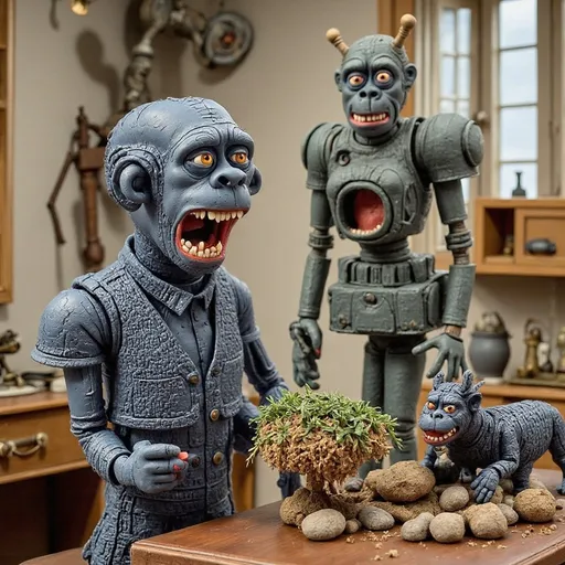 Prompt: a group of three fake animals standing next to each other on a table with rocks and dirt on the ground, Chris LaBrooy, funk art, claymation, a surrealist sculpture