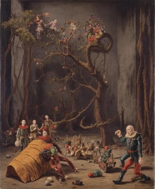 Prompt: a group of toy figurines of clowns and clowns on a stage with a carousel in the background, Didier Mouron, les nabis, promotional image, a flemish Baroque