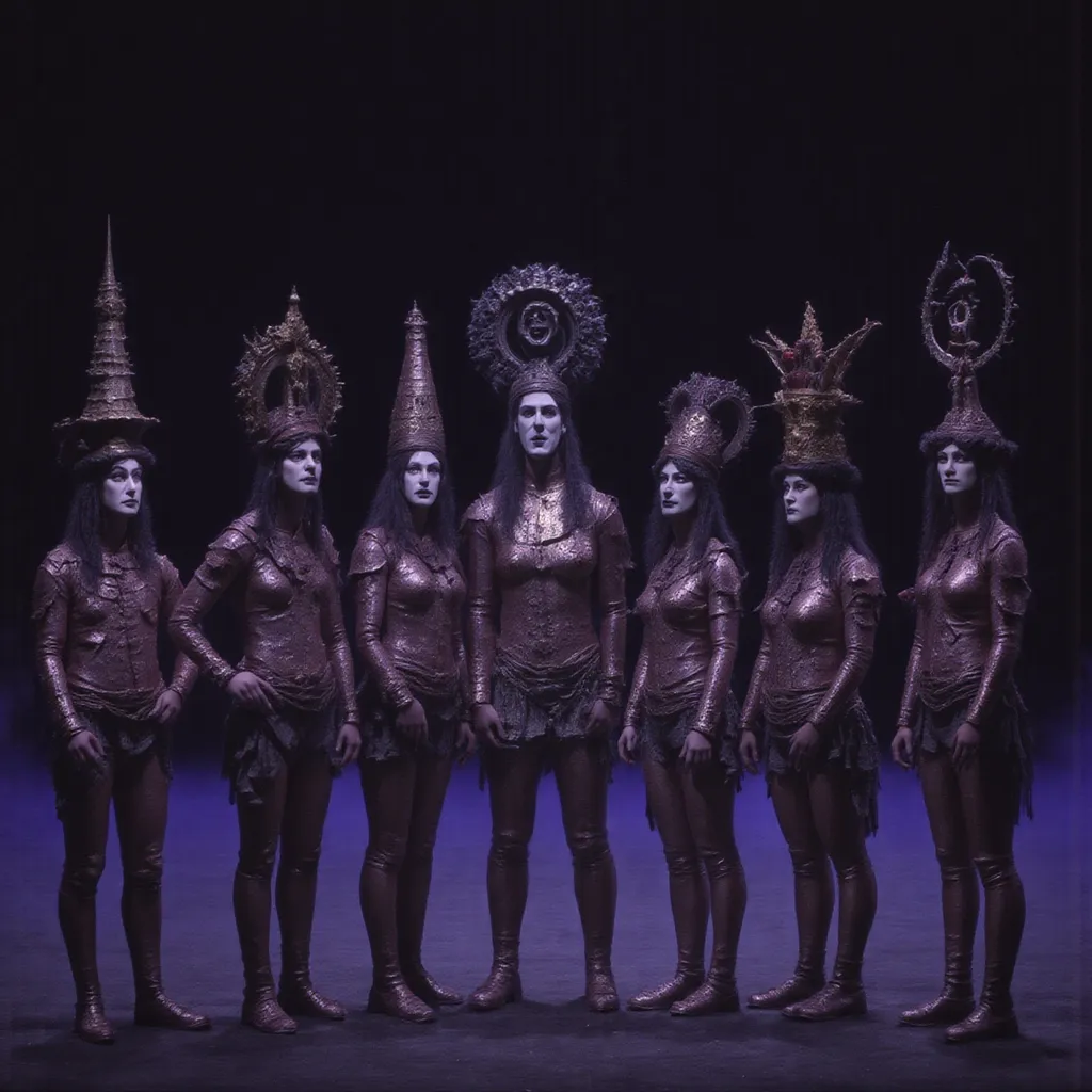 Prompt: a group of people dressed in costumes standing next to each other on a stage with a black background and a black backdrop, Apelles, incoherents, promotional image, a flemish Baroque