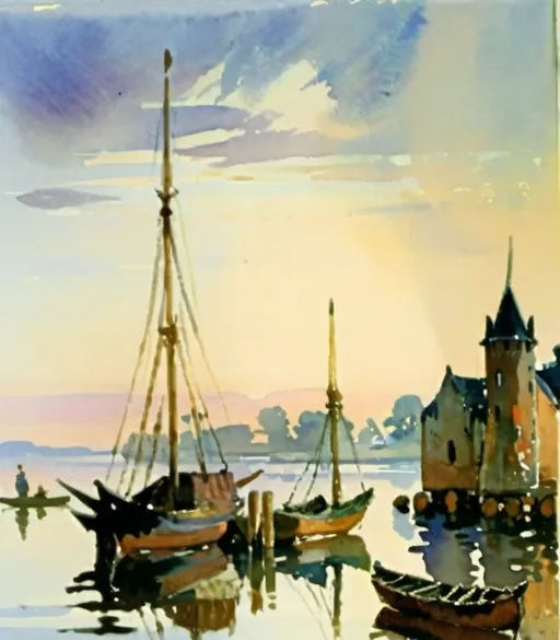 Prompt: a painting of a castle with a boat in the water and a boat in the water in front of it, Edmund Blampied, american barbizon school, stanley artgermm, a watercolor painting