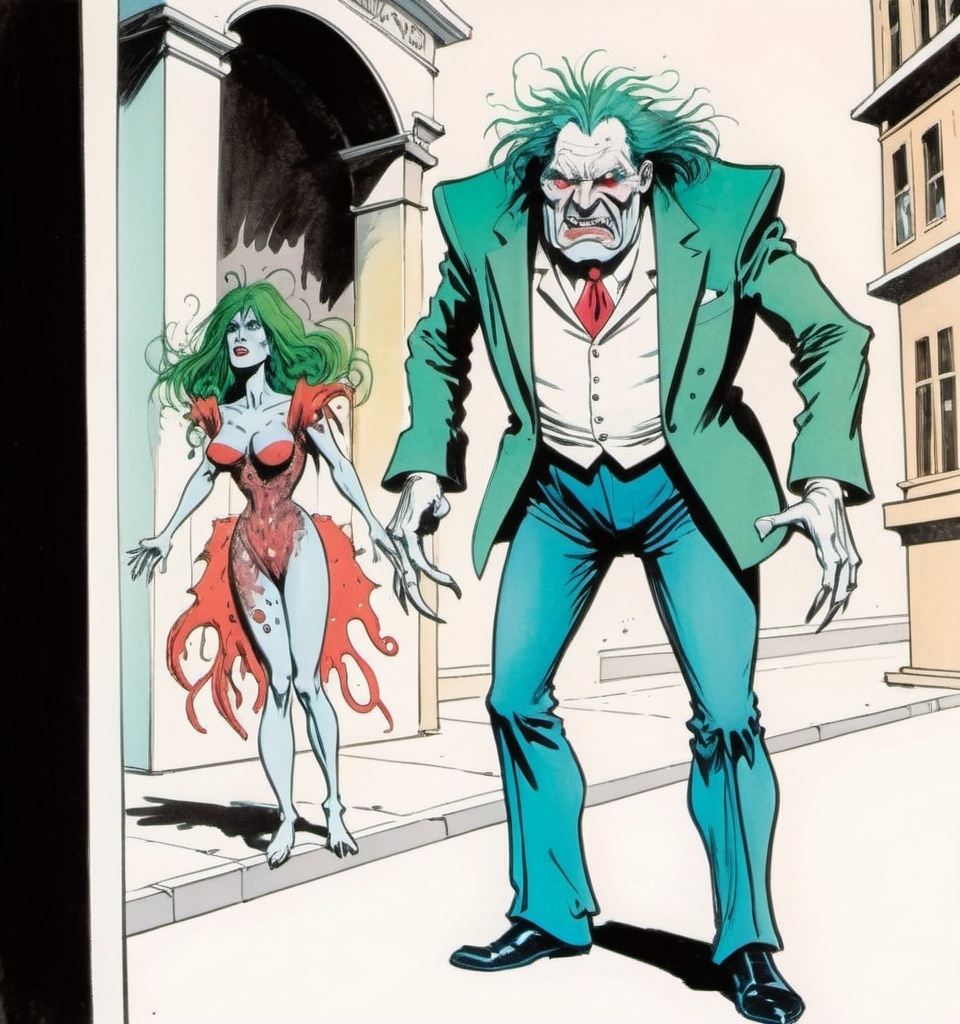 Prompt: a comic strip with a woman in a costume and a man in a suit standing next to her on a street, Bill Sienkiewicz, gothic art, michael kaluta, a comic book panel