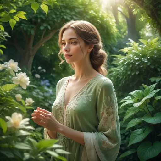 Prompt: (woman in a lush garden), serene ambiance, (cool tone) colors, vibrant green foliage, soft floral accents, delicate petals, intricate details, dappled sunlight filtering through leaves, a hint of mystique, inviting tranquility, inviting hand gestures, elegant clothing, (4K) ultra-detailed, nature's beauty, harmonious atmosphere.