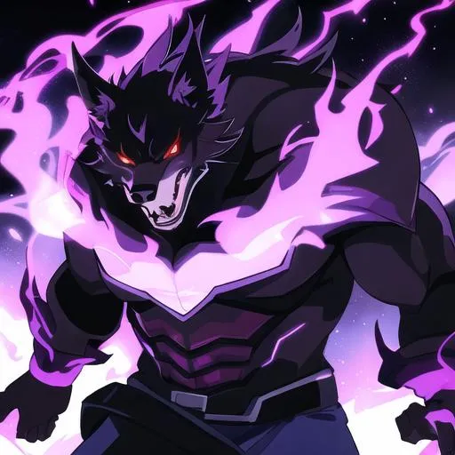 Prompt: black dog, with purple flames behind him, he is huge and has purple fire coming from the sides of his mouth and red eyes