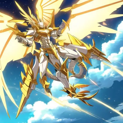 Prompt: dragon of the sun, a white and gold armoured dragon with withe wings with gold plating, has bright light behind him, in the clouds.