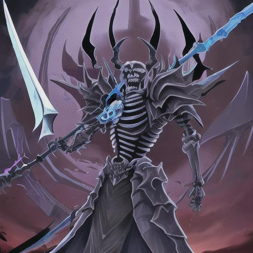 Prompt: skeleton with a scythe. Has blue flames in his eyes and sythe. has cool demon lord armour