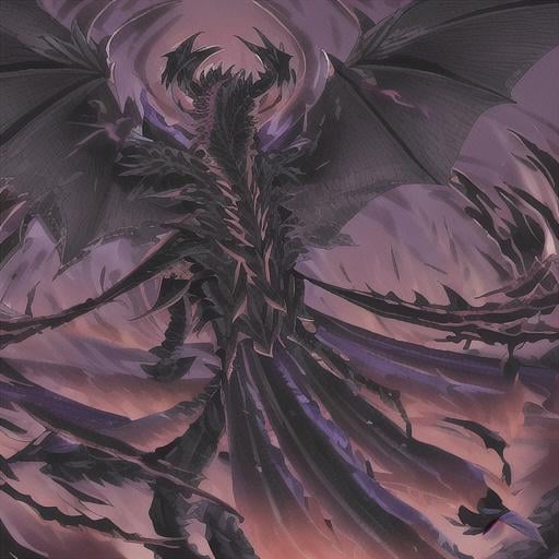 Prompt: HUGE black dragon, flying in the, black scales with dark flames fumming from where his horns should be and he has his huge purple wings spread wide