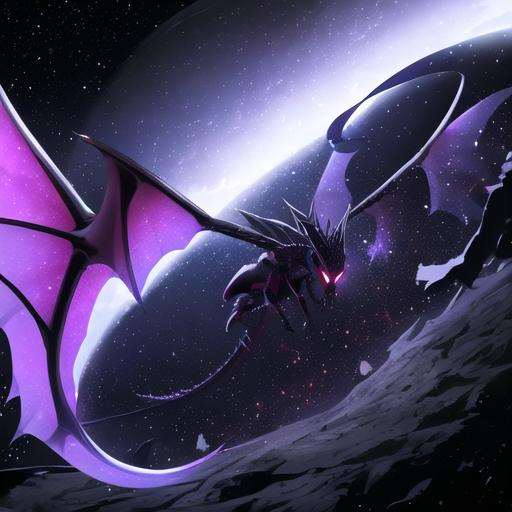 Prompt: a dragon that represents the endless dark void with the universe behind it and a few black holes for its wings