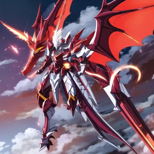 Prompt: dragon of the sun, a white and spahire armoured dragon with wings with saphire plating, has bright red ight behind him, in the clouds.