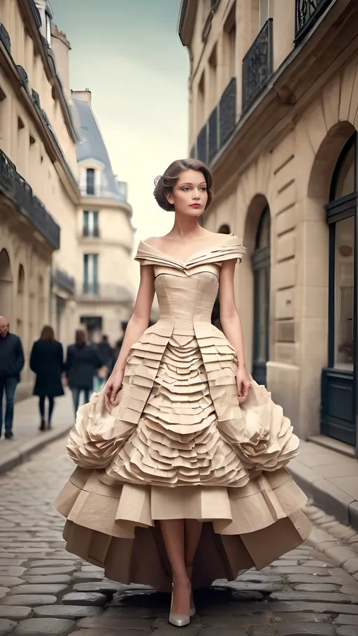 Prompt: (beautiful older fashion model), elegant high couture dress made of paper, standing gracefully in Paris, softly lit, charming street background, cobblestone path, vintage Parisian buildings, (whimsical atmosphere), delicate textures, serene mood, muted pastel colors, natural light, capturing the sophistication and artistic flair of fashion photography, (ultra-detailed), high-quality art.