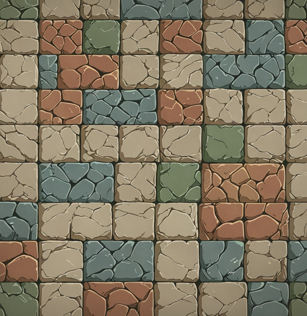Prompt: create stone tile design multicolor , anime style, studio Ghibli, stylized, aged, high resolution, repeatable, seamless, tillable, semi realistic 
