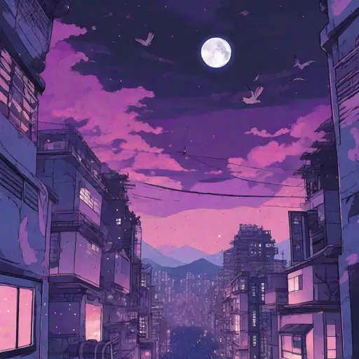 Prompt: japanese anime art style of cityscape and focuses on the sky color is purple and pink and a mix of dark blue stars and the moon is there little birds are also there it's a more like a galazy kinda feeling but still its a sky