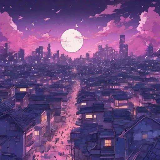 Prompt: japanese anime art style of cityscape and focuses on the sky color is purple and pink and a mix of dark blue stars and the moon is there little birds are also there it's a more like a galazy kinda feeling but still its a sky