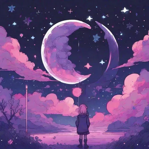 Prompt: a dream but the color is purple and pink and a mix of dark blue stars and the moon, it's more like a galaxy kind of feeling, a depressing dream, pixels, random details, Japanese touch, dream of a girl and the reminder of emptiness and hollow
