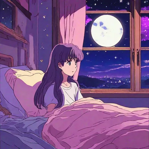Prompt: 1990 anime screencap, cute eyes, anime scene, a girl with long hair sitting in a bed, window is visible, over all color is the shade of  color is purple and pink and a mix of dark blue and stars and the moon is there little birds are also there it's a more like a galazy kinda feeling but still its a room, the windy, hair color is dark brown, eyes are dark brown, sitting in front of laptop beside a tuxedo cat, mirror is there 
