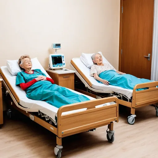Prompt: There are two wooden electronic nursing beds placed in a nursing home, with an elderly person lying on them talking to caregivers