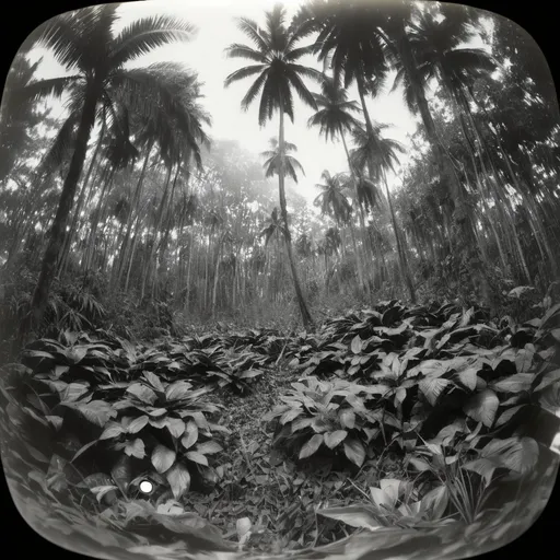 Prompt: imaegm preto e branco de floresta tropical produzida com camera pinhole com distorão cilindrica