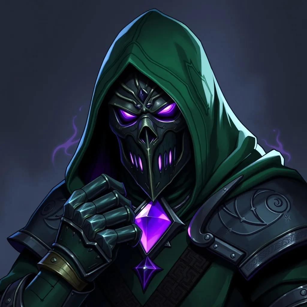 Prompt: "Grim Reaper: Deep green hood with a high collar, iron mask scarred from countless battles, with fiery purple eyes. Heavy iron gloves, large glowing purple gemstone on his chest. Wields green-violet abyss magic. Self-forged heavy armor in green and violet with battle engravings."