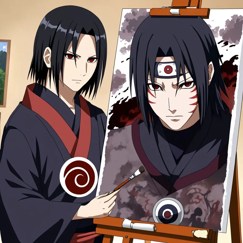 Prompt: anime, itachi uchiha , combined with diffrent anime , during painting