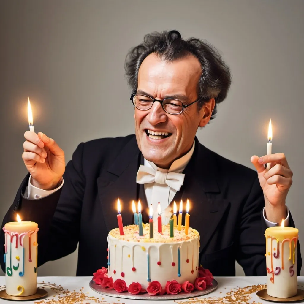 Prompt: Cria. Imagem divertida do compositor Mahler com um bolo de aniversário com velas de 61 aniversário 
