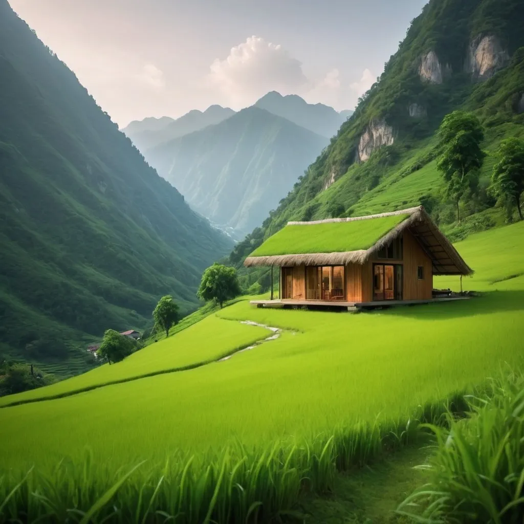 Prompt: Create a hut house between Mountains along side with green medows 