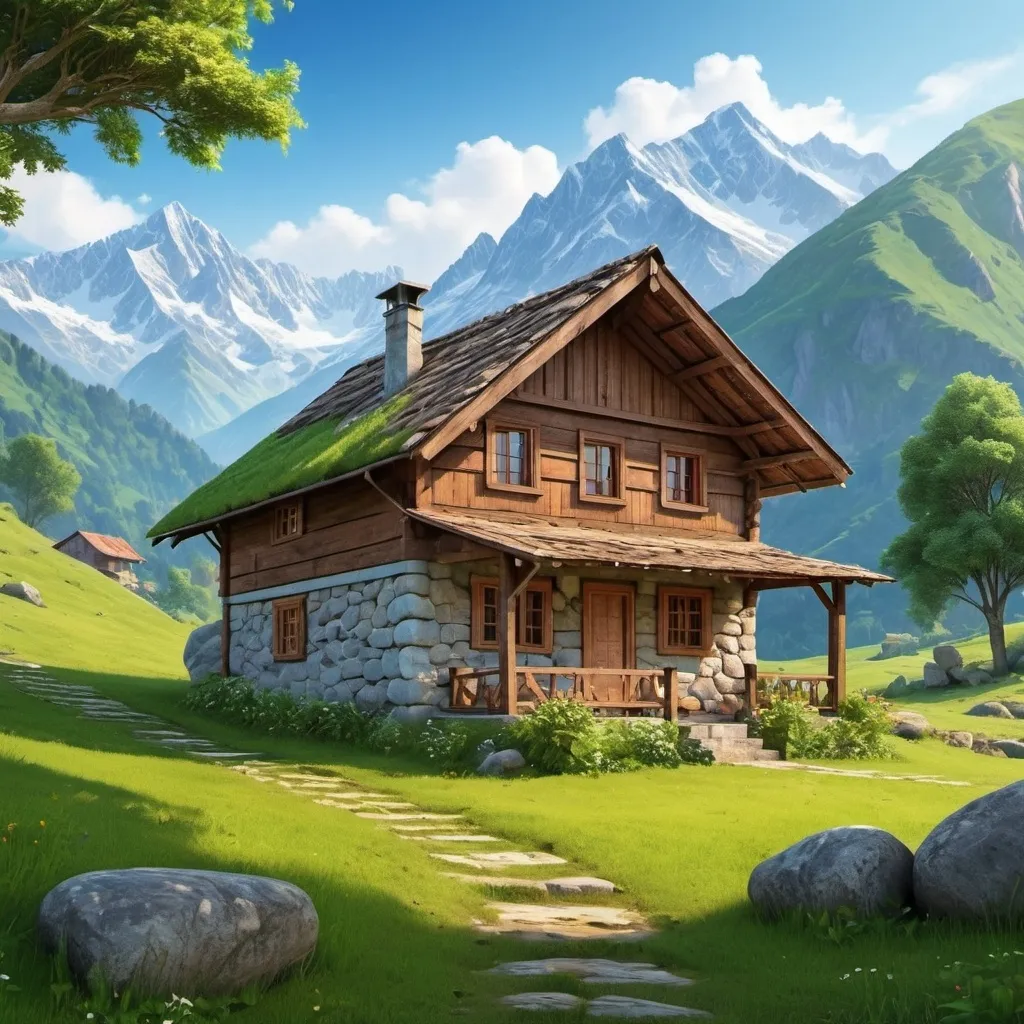 Prompt: Create a hut house between Mountains along side with green medows 