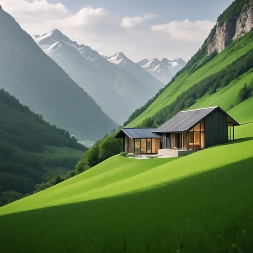 Prompt: Create a house between Mountains along side with green medows