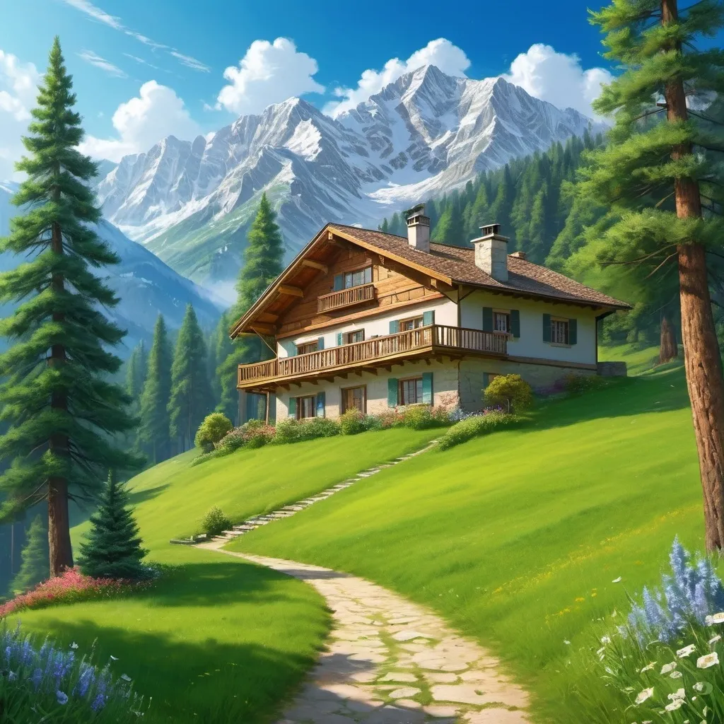 Prompt: Create a house between Mountains along side with green medows beside levish pine trees
