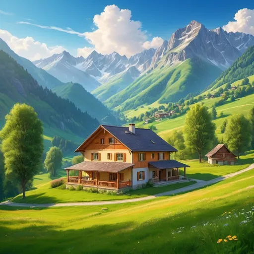 Prompt: Create a house between Mountains along side with green medows